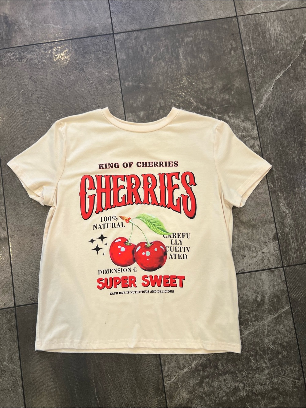 Cherries Graphic Tee - Cream with Red Print size 11-12
